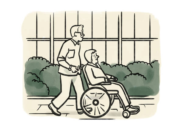 Illustration von einer Person, die eine andere Person in einem Rollstuhl durch einen Park schiebt