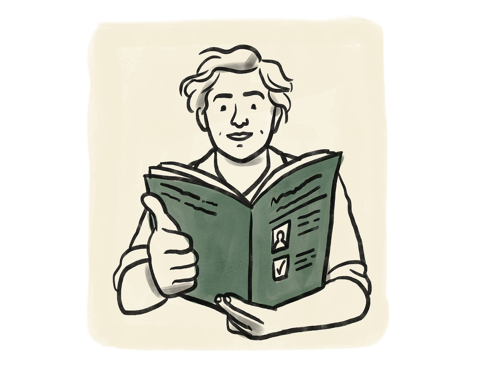 Illustration Leichte Sprache - Person hält Buch und zeigt einen Daumen nach oben