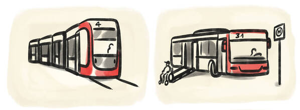 Illustration von einer Straßenbahn und einem Bus