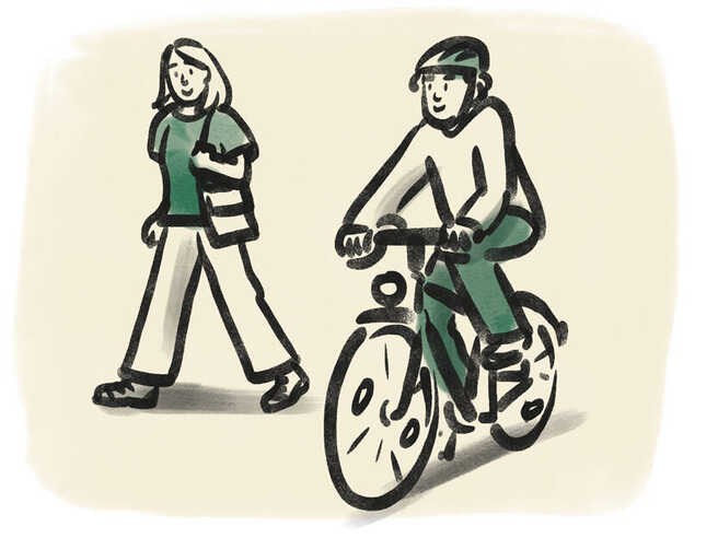 Illustration von einer Person auf dem Fahrrad und einer laufenden Person